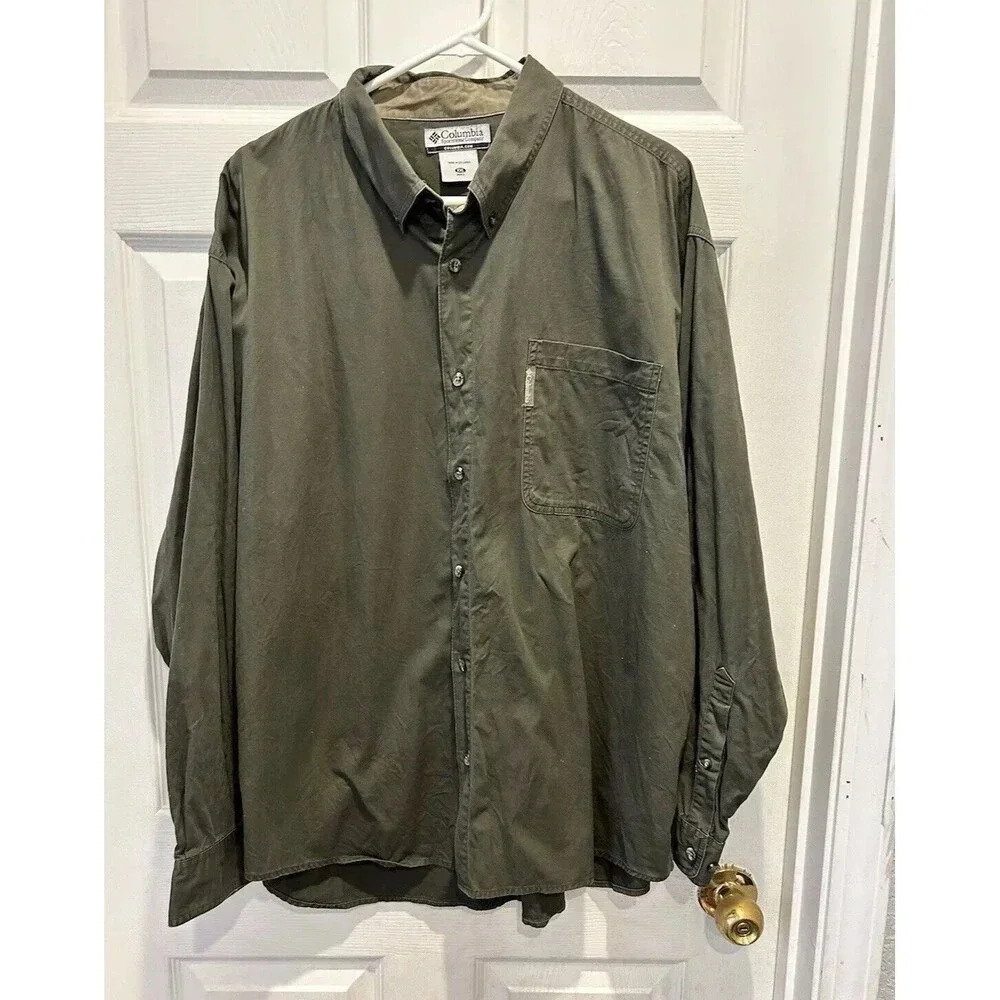 Columbia Sportswear Logo Button-Down Shirt‎ Size 2XL Green Cotton Hiking Fishing